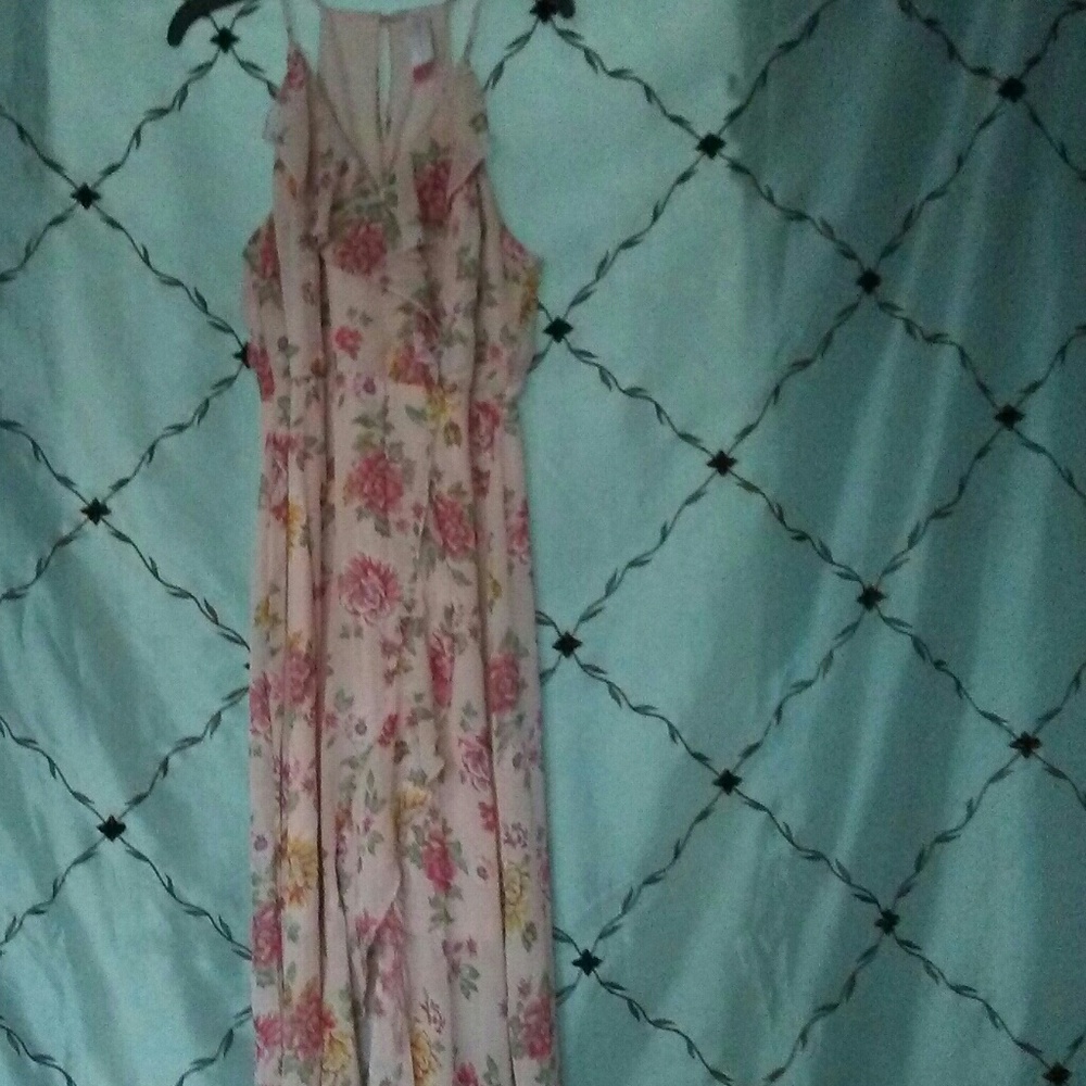 A pink floral maxi dress